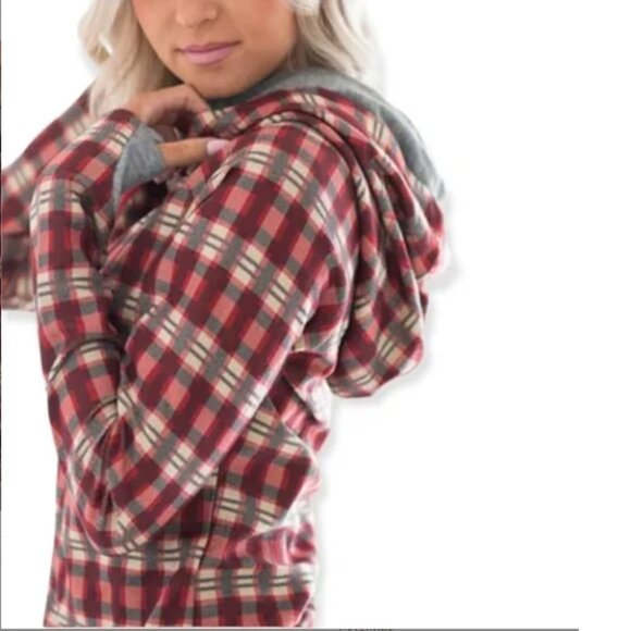 Ampersand Avenue Gray/Red Plaid Double Hood Hoodie Knit Sweatshirt - Picture 3 of 11